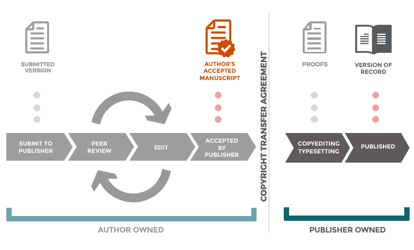 An illustration of where the accepted manuscript fits in the publishing cycle.  It is the final author-created version of the manuscript, which includes any changes made after peer review, and has been accepted for publication by the journal. It is the version before the publisher works on formatting or copyediting.